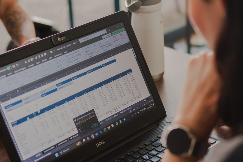 Person analyzing a spreadsheet with data tables on a laptop screen