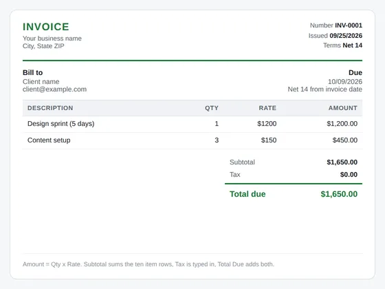Preview of Free Invoice Template for Google Sheets and Excel with Formulas