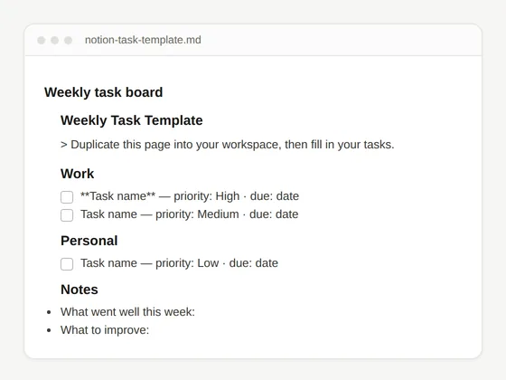 Preview of the free Notion task template starter outline